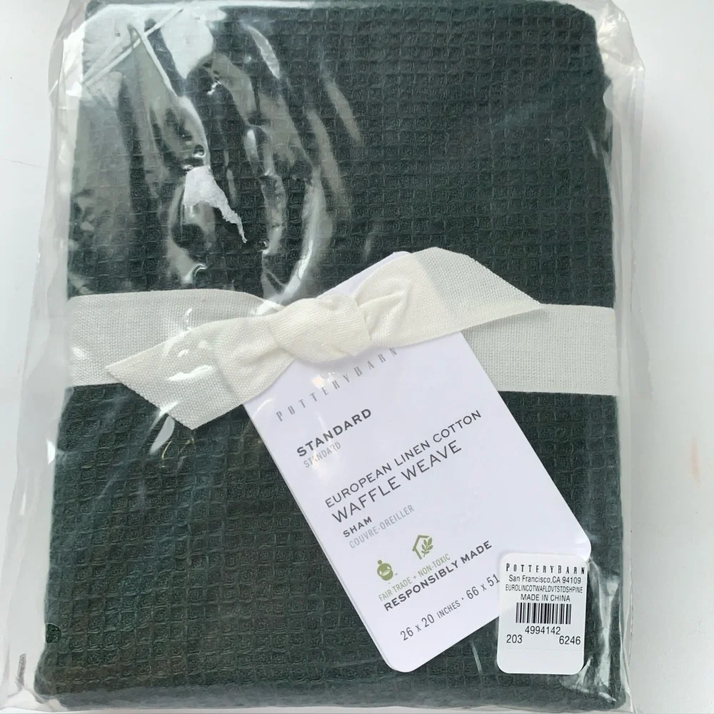 POTTERY BARN European Linen Cotton Waffle Weave Pine Green Standard Sham 26x20”